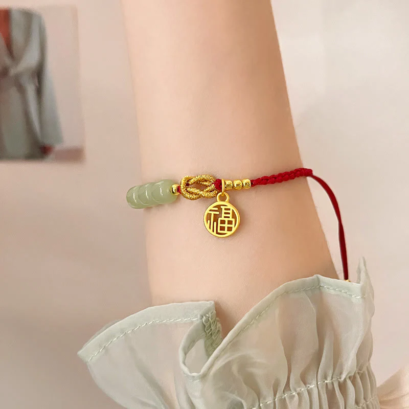 Braccialetto con corda rossa con ciondolo a forma di carattere Fu, con perline di giada lavorate a mano Buddha Stones - Image 9