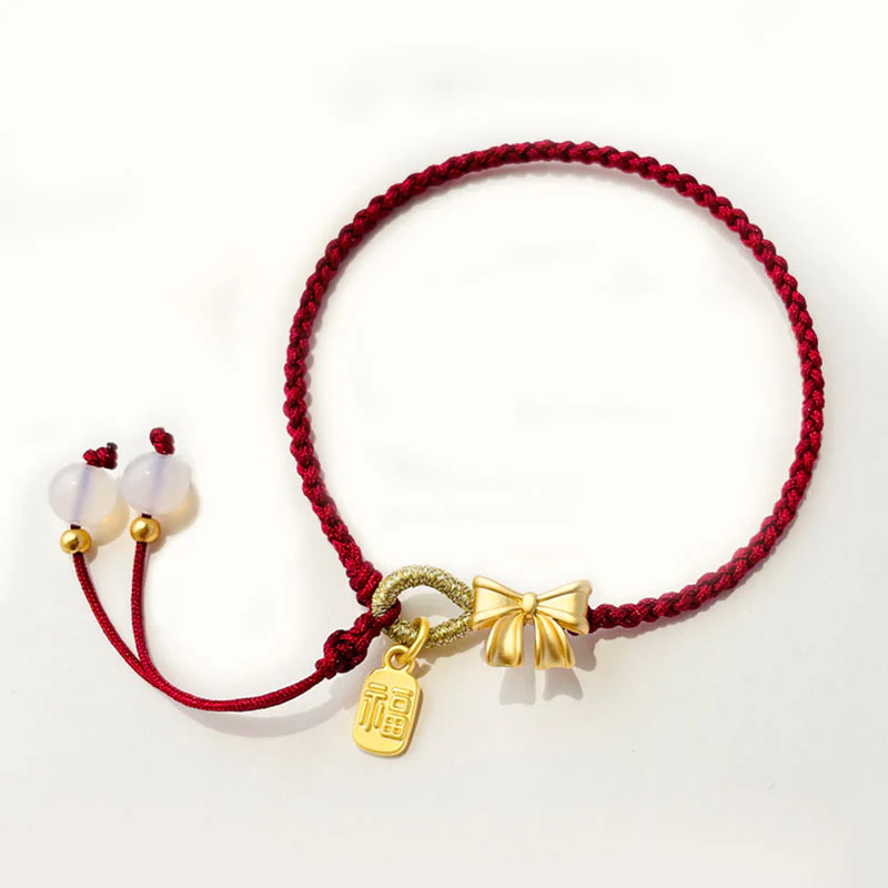 Braccialetto con corda rossa con ciondolo a forma di fiocco con rosetta in fiore di pesco fatto a mano con carattere Fu e nodo Buddha Stones - Image 5