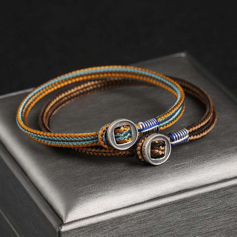 Braccialetto con cordino intrecciato di protezione con bottone fatto a mano in argento sterling 925 Buddha Stones