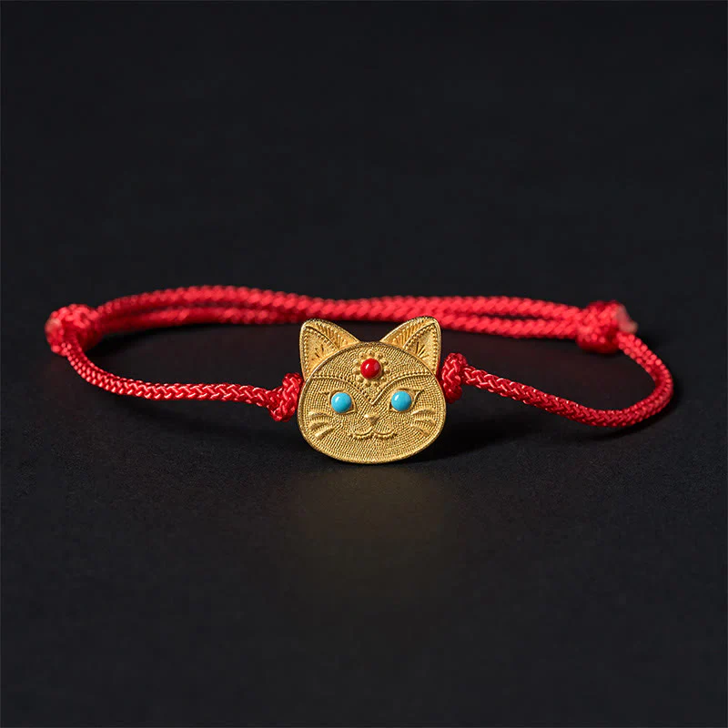 Braccialetto con cordino rosso a forma di gatto in argento sterling 925 Buddha Stones