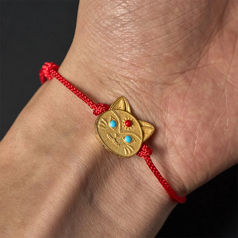 Braccialetto con cordino rosso a forma di gatto in argento sterling 925 Buddha Stones - Image 5