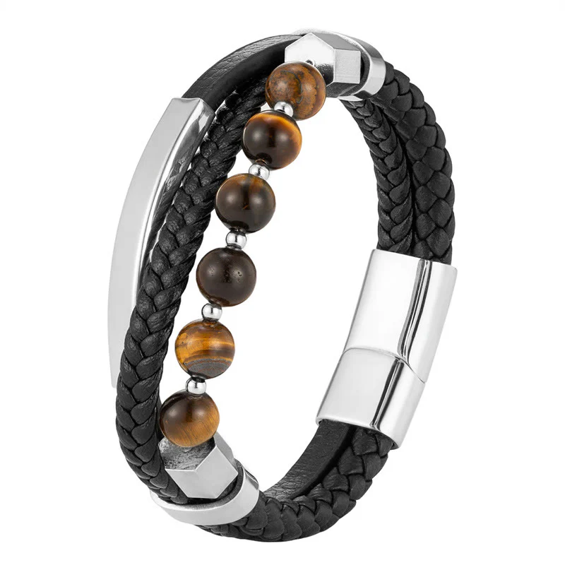 Braccialetto con fibbia in pelle multistrato con perline di occhio di tigre e Buddha Stones - Image 7