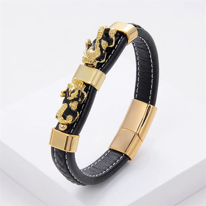 Braccialetto con fibbia magnetica in pelle Buddha Stones e doppio PiXiu Wealth Luck - Image 2