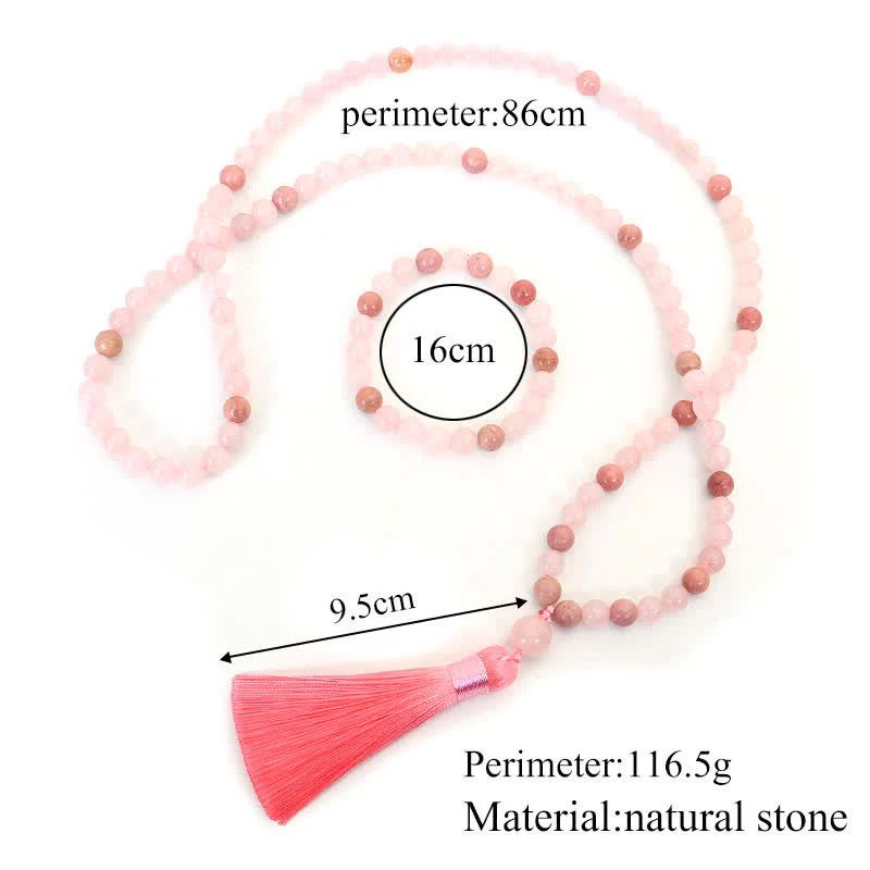 Braccialetto con nappa di cristallo rosa e 108 perle di Mala Buddha Stones - Image 11