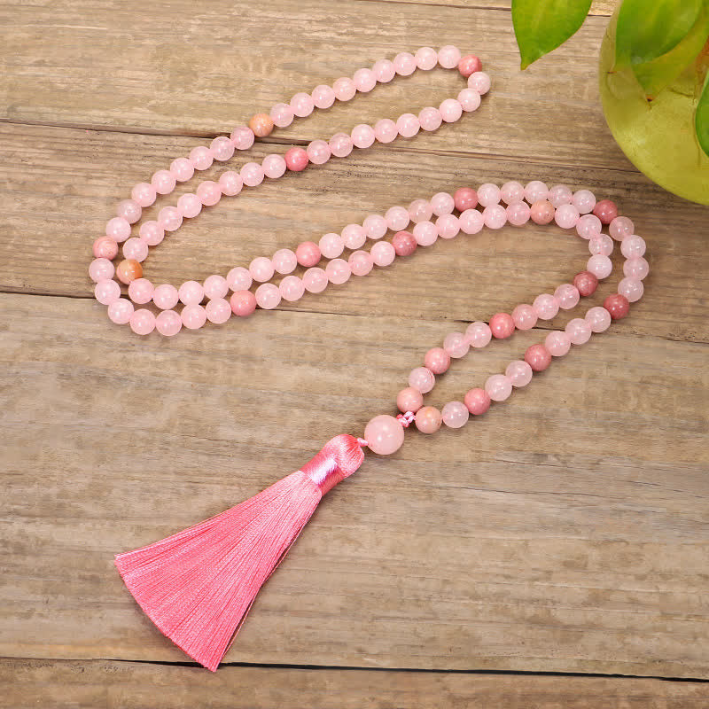 Braccialetto con nappa di cristallo rosa e 108 perle di Mala Buddha Stones - Image 8