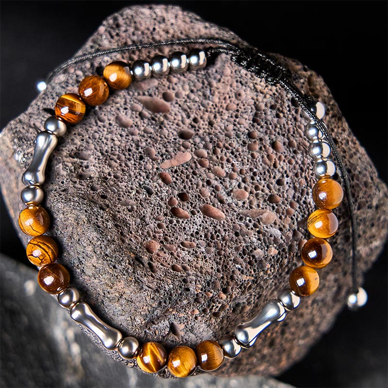 Braccialetto con perline di coraggio in occhio di tigre con motivo a osso e Buddha Stones - Image 3
