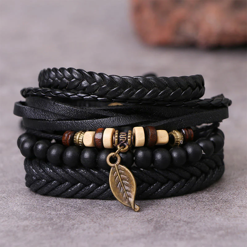 Braccialetto coraggioso con perline di resina intrecciate in pelle multistrato con Buddha Stones foglie