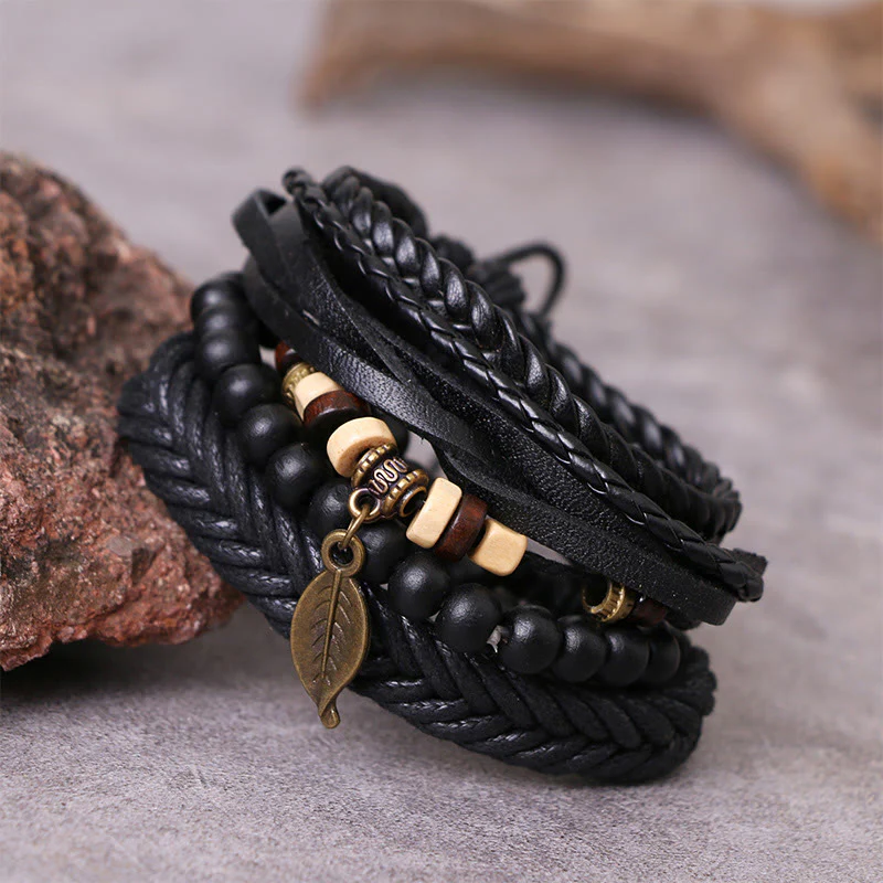 Braccialetto coraggioso con perline di resina intrecciate in pelle multistrato con Buddha Stones foglie - Image 2