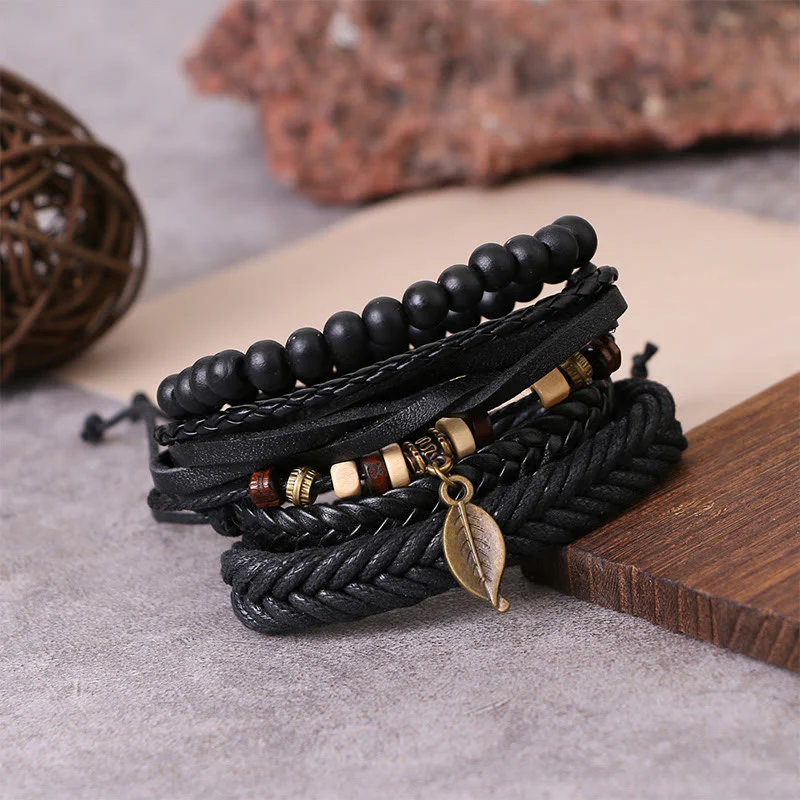 Braccialetto coraggioso con perline di resina intrecciate in pelle multistrato con Buddha Stones foglie - Image 3