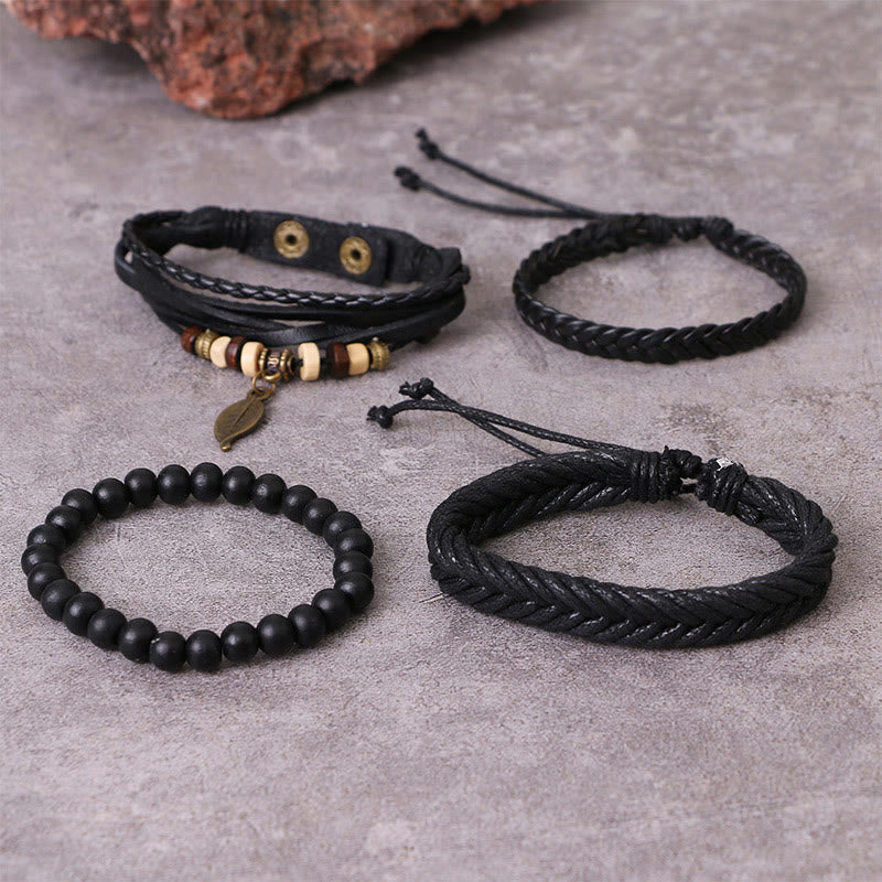 Braccialetto coraggioso con perline di resina intrecciate in pelle multistrato con Buddha Stones foglie - Image 4