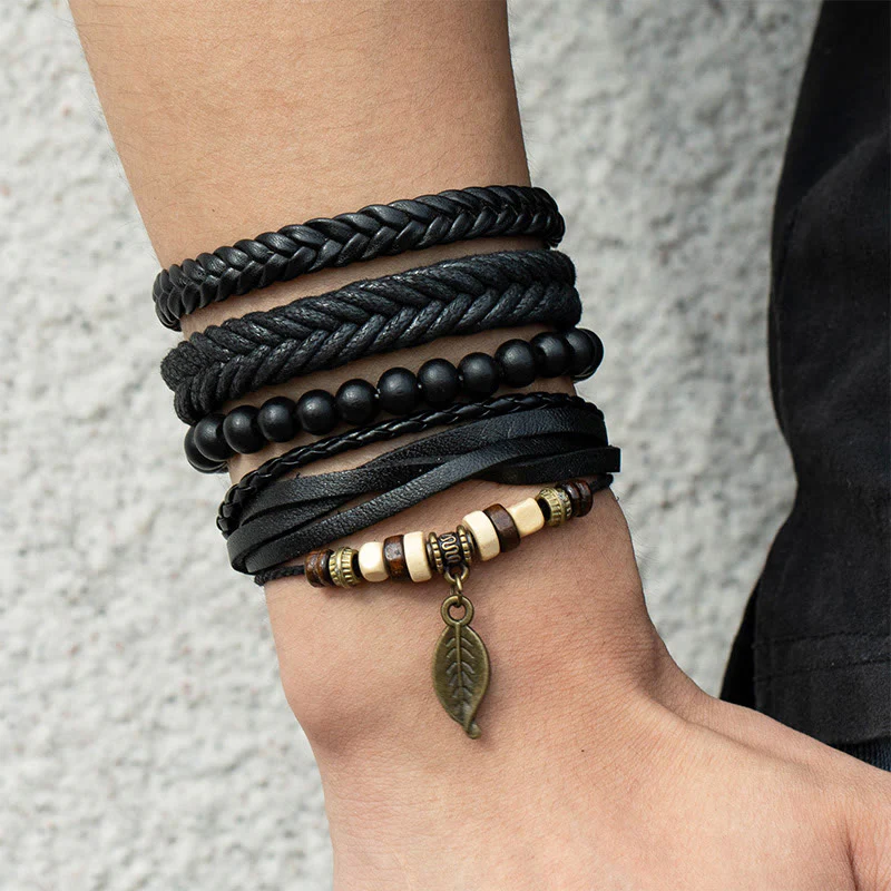 Braccialetto coraggioso con perline di resina intrecciate in pelle multistrato con Buddha Stones foglie - Image 5