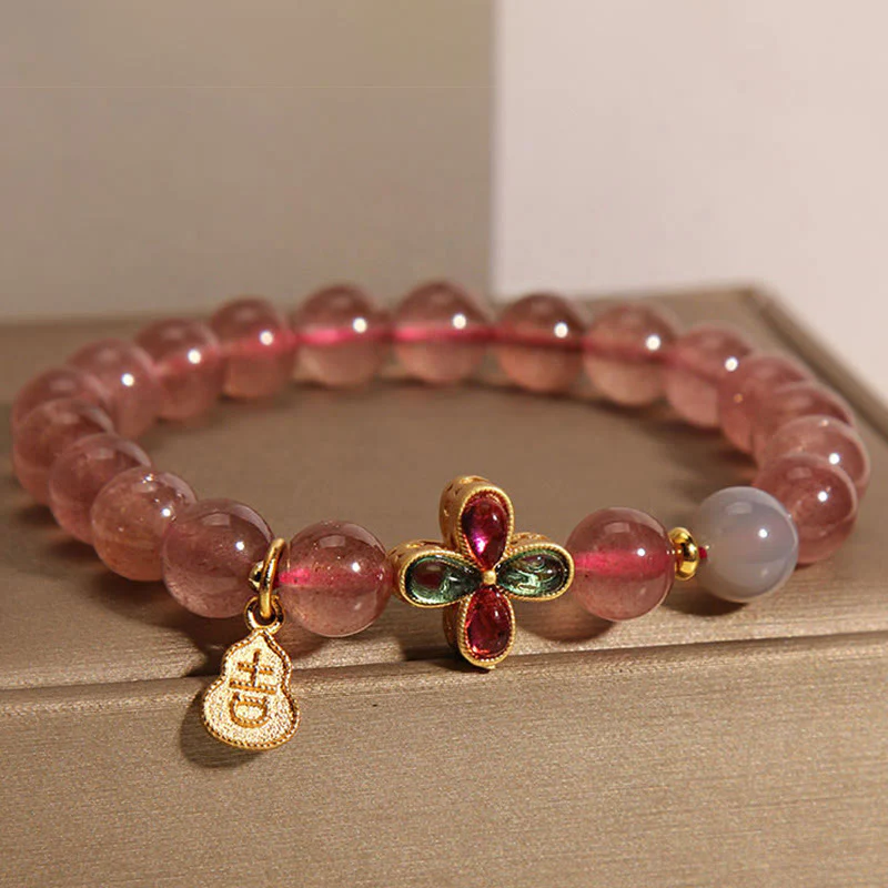 Braccialetto curativo Buddha Stones, Quarzo Fragola, Quadrifoglio, Zucca Portafortuna - Image 2