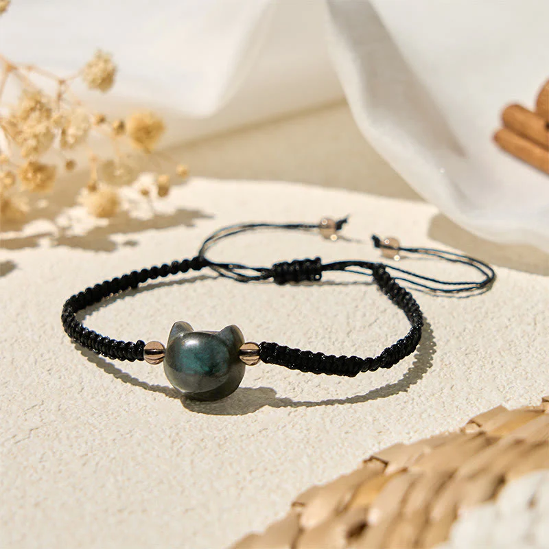 Braccialetto curativo in corda nera con testa di gatto e labradorite naturale Buddha Stones - Image 2