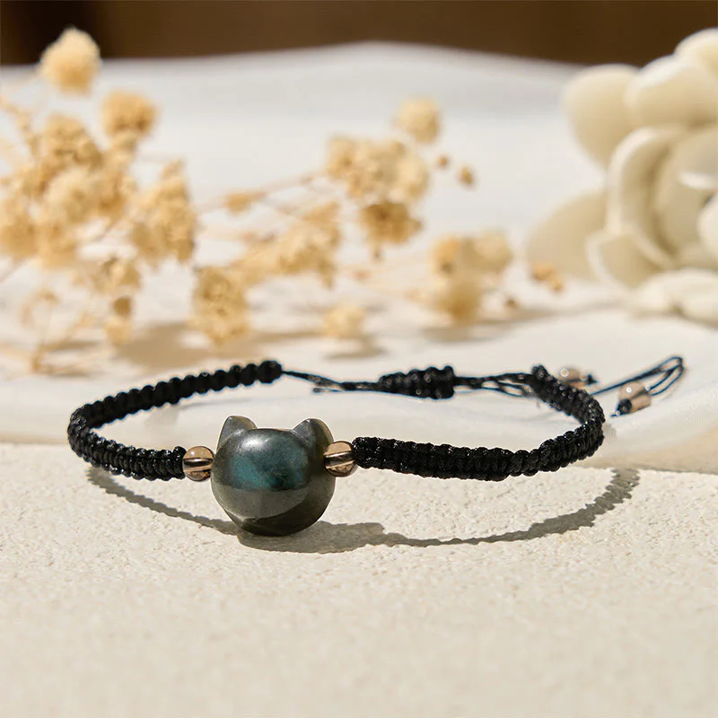 Braccialetto curativo in corda nera con testa di gatto e labradorite naturale Buddha Stones - Image 3