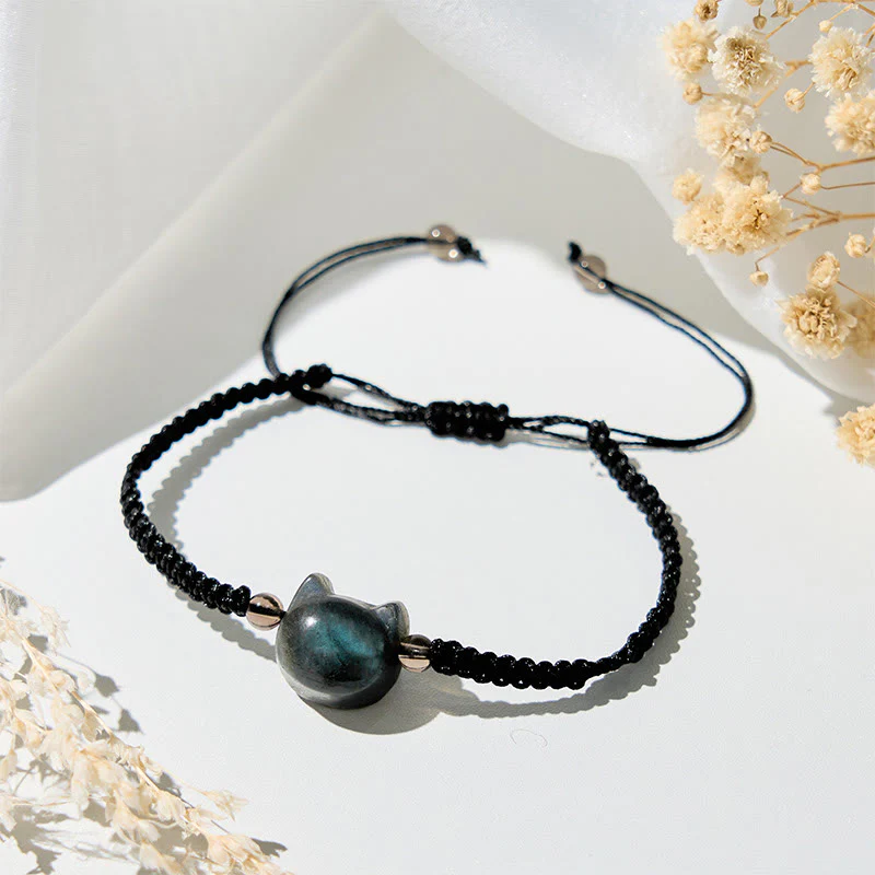Braccialetto curativo in corda nera con testa di gatto e labradorite naturale Buddha Stones - Image 4