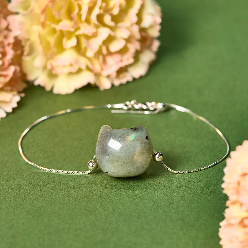 Braccialetto curativo in labradorite naturale con testa di gatto senza volto in argento sterling 925 Buddha Stones