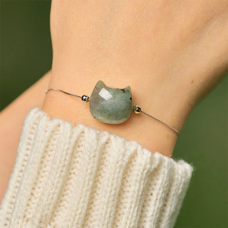 Braccialetto curativo in labradorite naturale con testa di gatto senza volto in argento sterling 925 Buddha Stones - Image 5