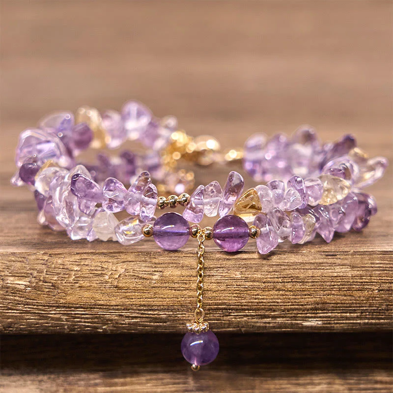 Braccialetto da meditazione a doppio strato con ghiaia irregolare naturale di ametista e citrino Buddha Stones - Image 2