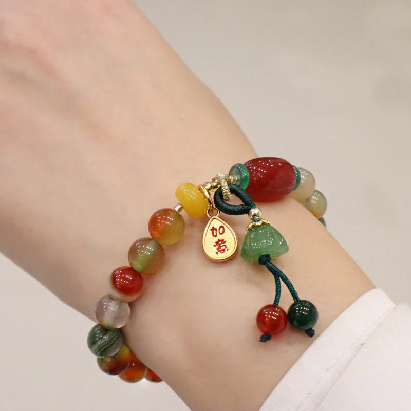 Braccialetto del coraggio con ciondolo Ruyi As One Wishes, in agata pavone naturale colorata, calcedonio e Buddha Stones - Image 4