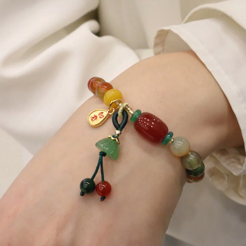 Braccialetto del coraggio con ciondolo Ruyi As One Wishes, in agata pavone naturale colorata, calcedonio e Buddha Stones - Image 5