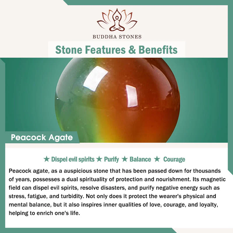 Braccialetto del coraggio con ciondolo Ruyi As One Wishes, in agata pavone naturale colorata, calcedonio e Buddha Stones - Image 8