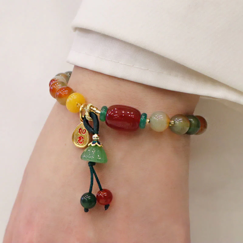 Braccialetto del coraggio con ciondolo Ruyi As One Wishes, in agata pavone naturale colorata, calcedonio e Buddha Stones - Image 9