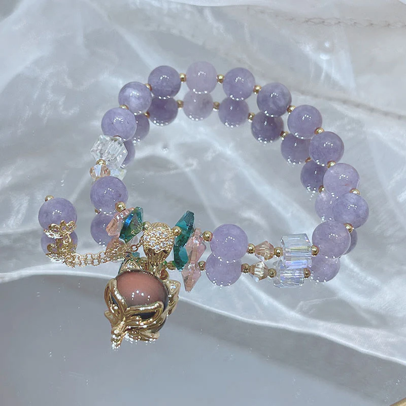 Braccialetto della felicità con ciondolo volpe in giada viola naturale Buddha Stones - Image 2