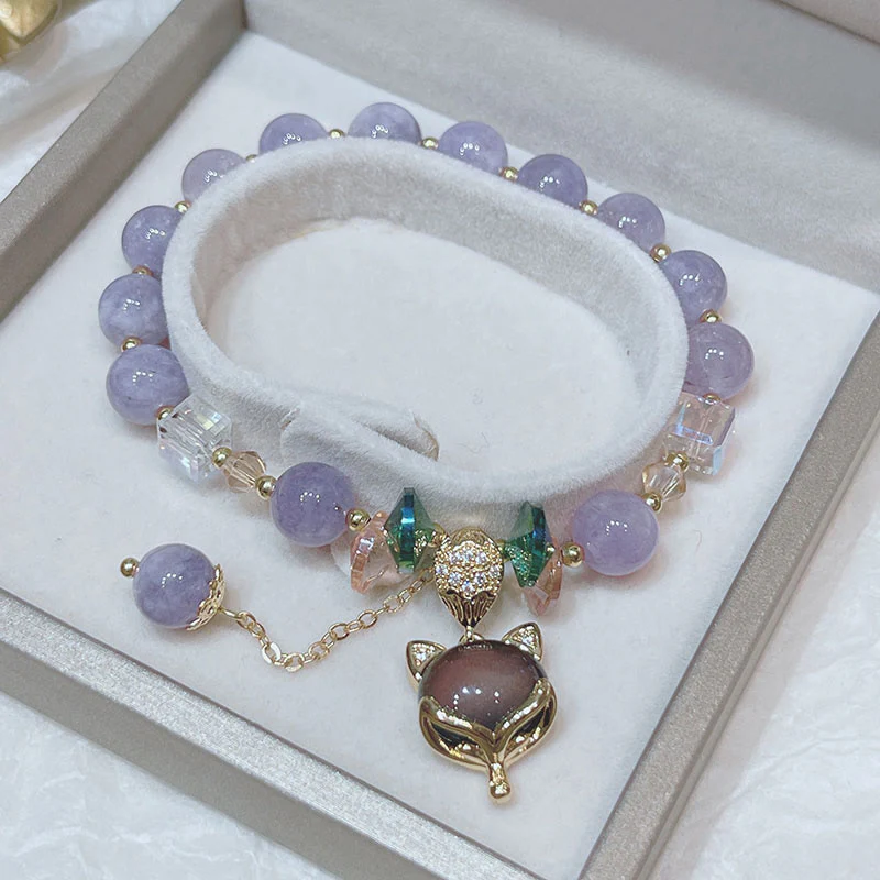 Braccialetto della felicità con ciondolo volpe in giada viola naturale Buddha Stones - Image 3