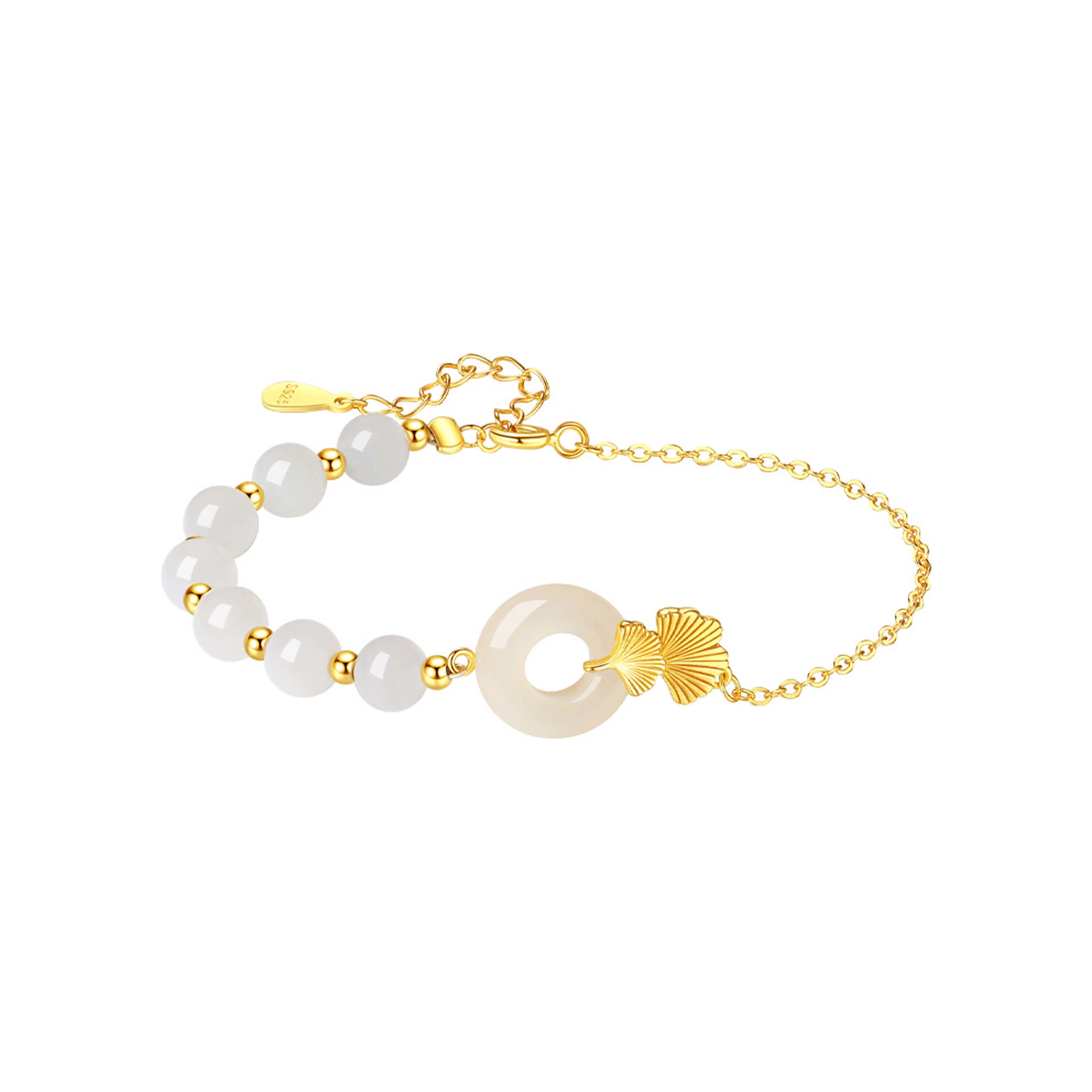 Braccialetto della fortuna con foglia di ginkgo e fibbia della pace in argento sterling 925 con Buddha Stones e giada bianca Hetian - Image 10