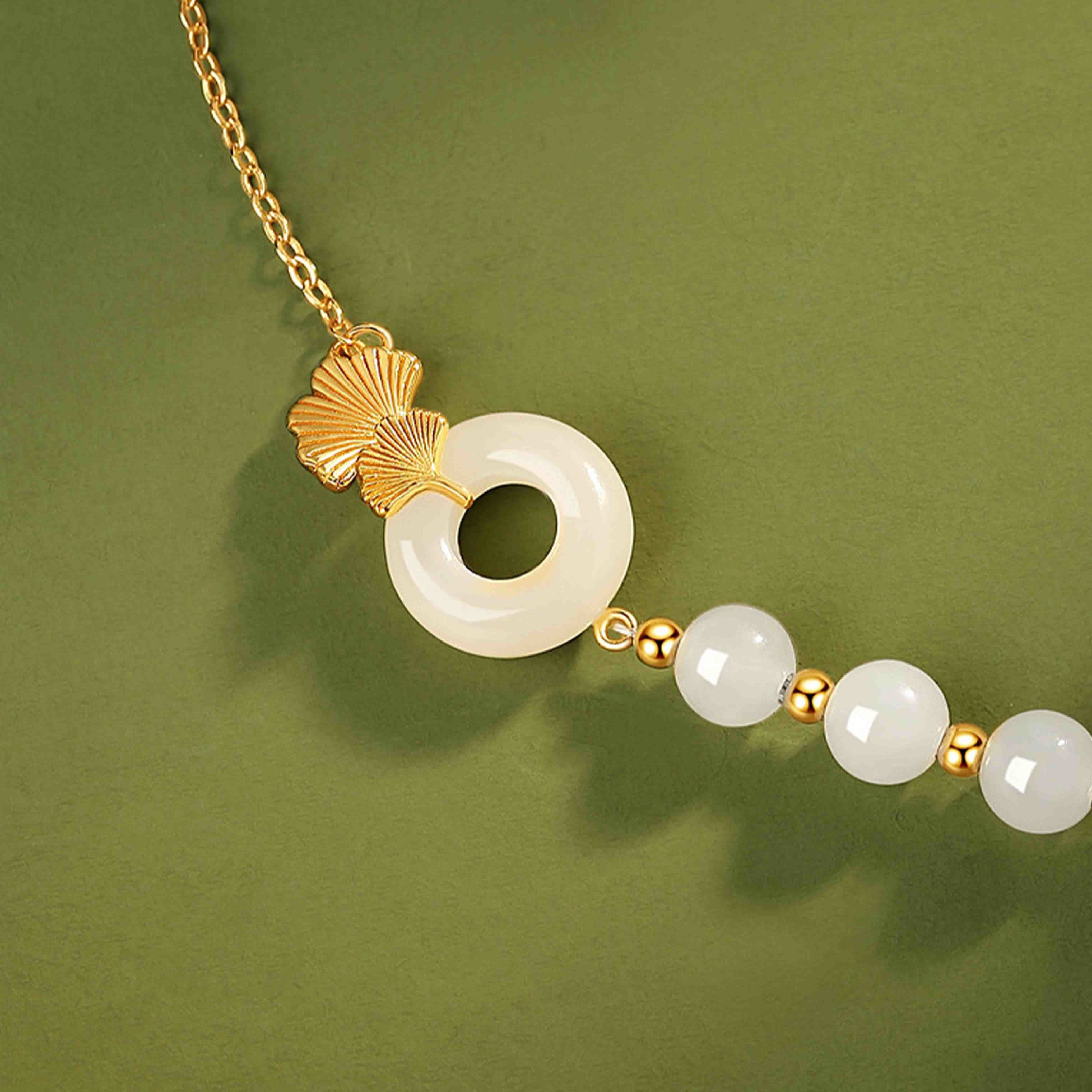 Braccialetto della fortuna con foglia di ginkgo e fibbia della pace in argento sterling 925 con Buddha Stones e giada bianca Hetian - Image 5