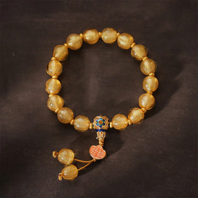 Braccialetto della fortuna con lingotto d'oro Ruyi in lamina d'oro e perline di vetro Liuli Buddha Stones