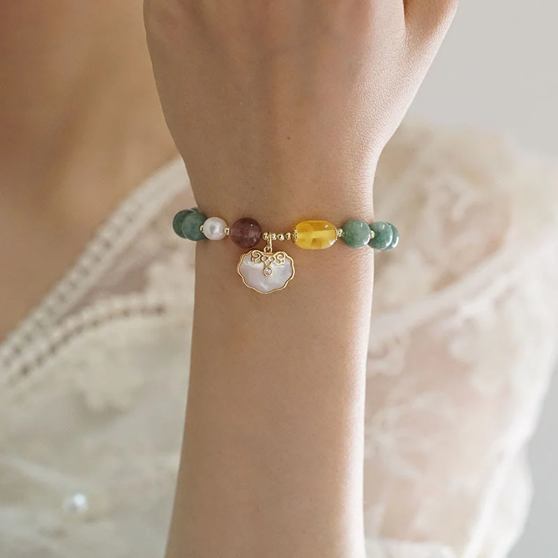 Braccialetto della fortuna con lucchetto Ruyi , Buddha Stones, giada e conchiglia - Image 4