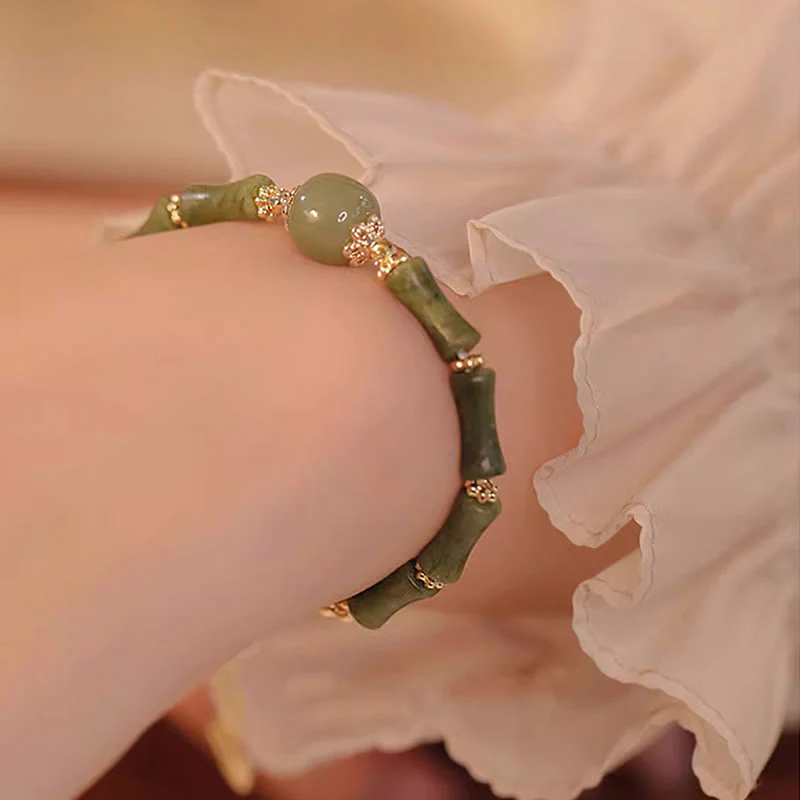 Braccialetto della fortuna con motivo di bambù in giada Hetian con peridoto placcato in rame 14K Buddha Stones - Image 5
