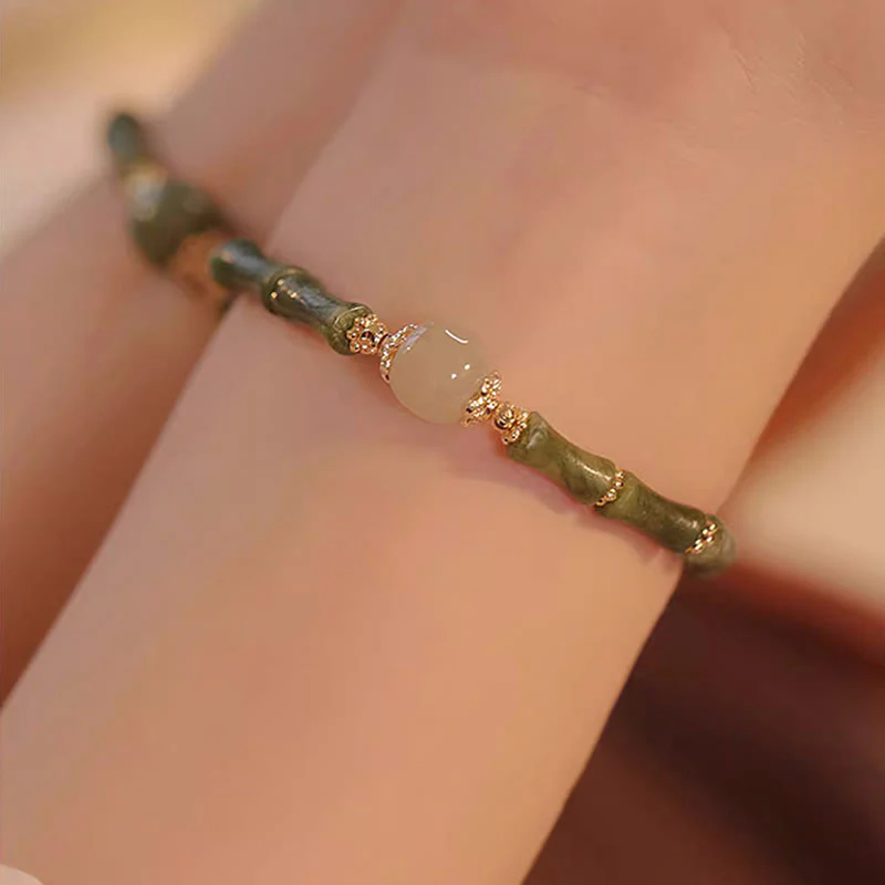 Braccialetto della fortuna con motivo di bambù in giada Hetian con peridoto placcato in rame 14K Buddha Stones - Image 6