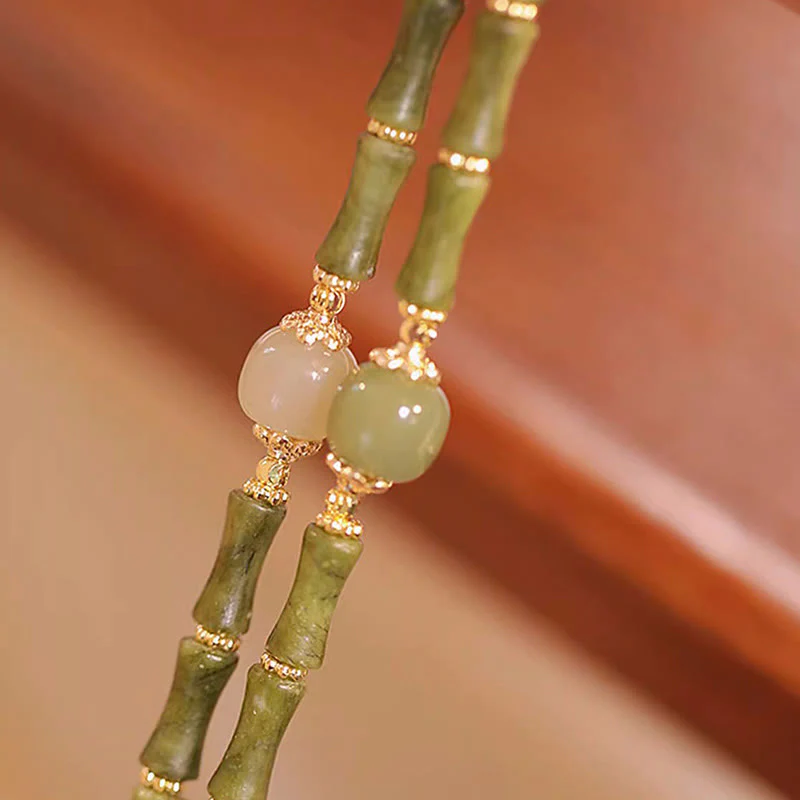 Braccialetto della fortuna con motivo di bambù in giada Hetian con peridoto placcato in rame 14K Buddha Stones - Image 8