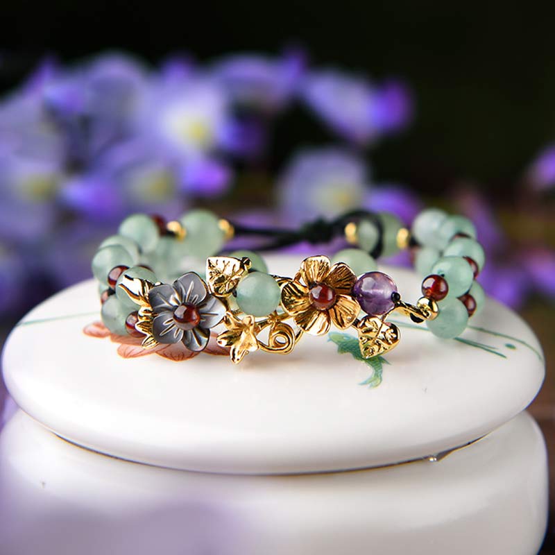 Braccialetto della fortuna con perline di fiore, petalo, avventurina verde e granato Buddha Stones - Image 8