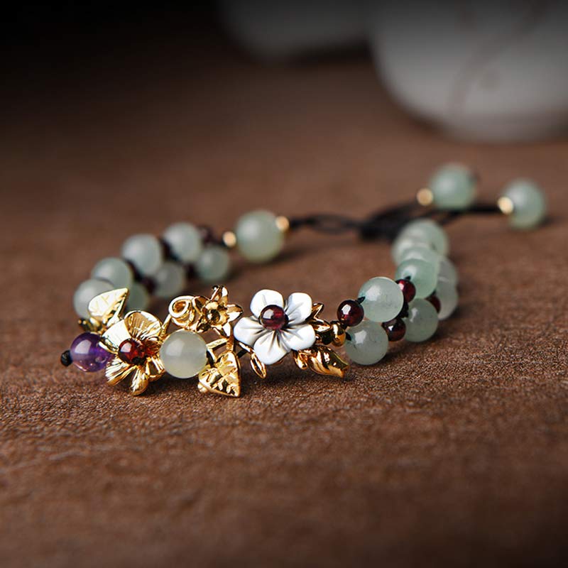 Braccialetto della fortuna con perline di fiore, petalo, avventurina verde e granato Buddha Stones - Image 9