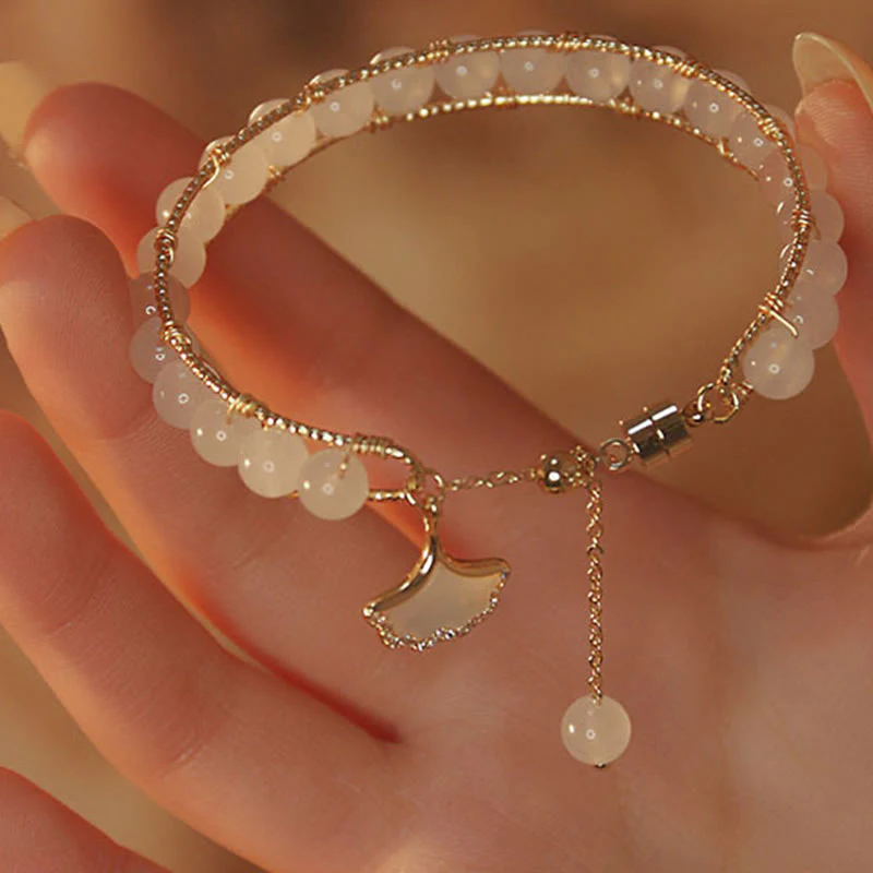 Braccialetto della fortuna con perline di giada e foglie di ginkgo di Buddha Stones - Image 3