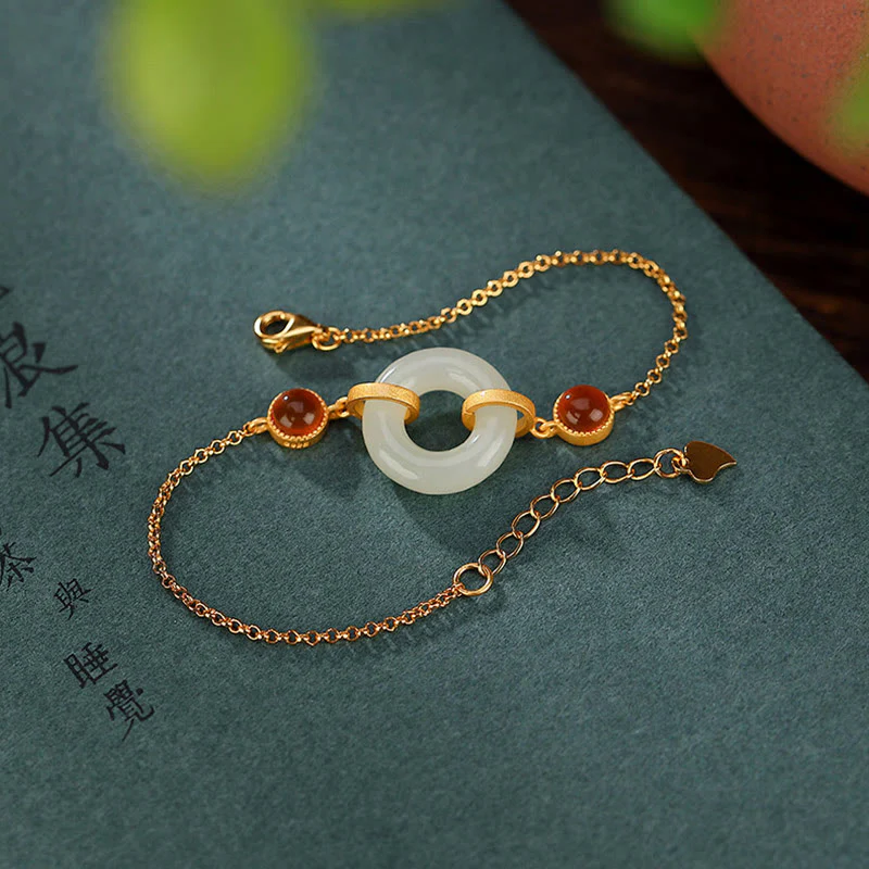 Braccialetto della fortuna in agata rossa con fibbia della pace in giada naturale Hetian, argento Buddha Stones 925 placcato oro - Image 3