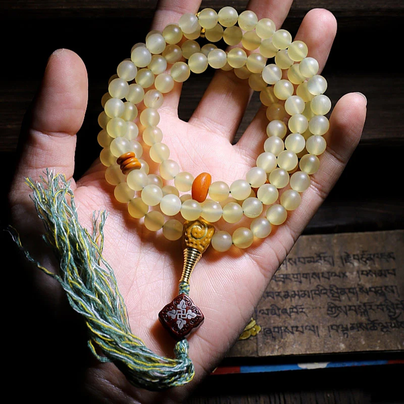 Braccialetto della fortuna in ambra e corno di pecora del Tibet con 108 perle di Mala Buddha Stones - Image 3