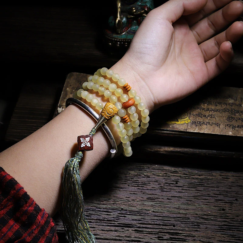 Braccialetto della fortuna in ambra e corno di pecora del Tibet con 108 perle di Mala Buddha Stones - Image 7