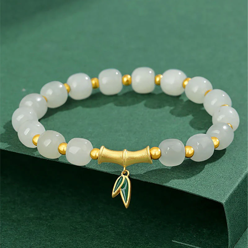Braccialetto della fortuna in bambù e giada bianca Hetian in argento sterling 925 Buddha Stones