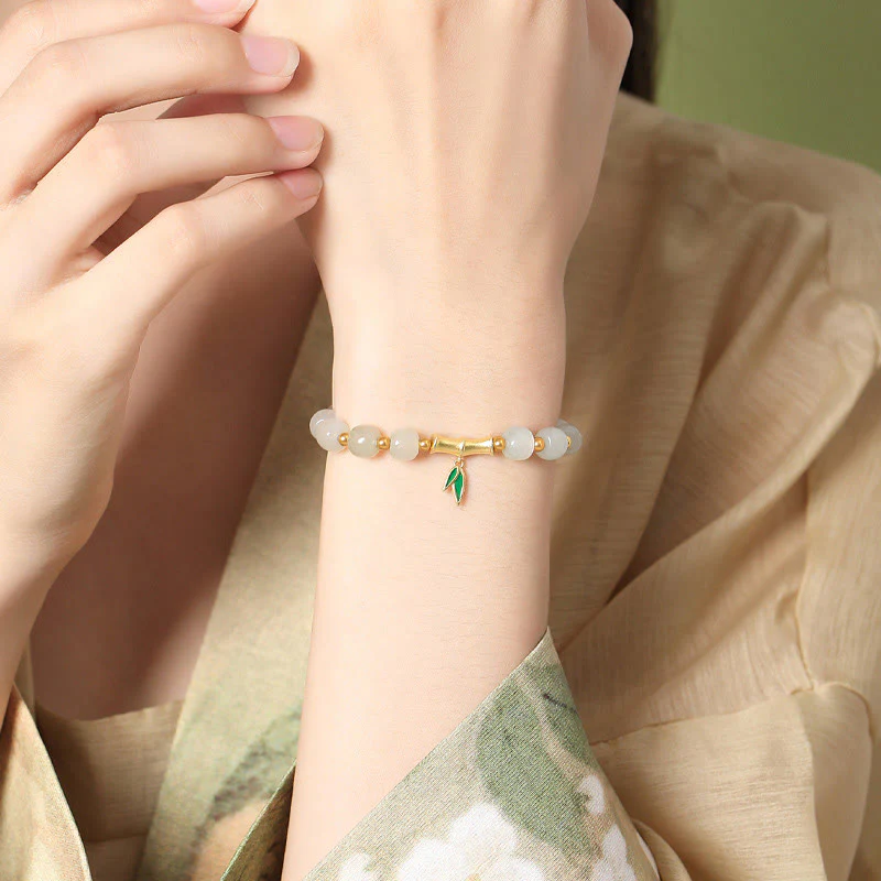 Braccialetto della fortuna in bambù e giada bianca Hetian in argento sterling 925 Buddha Stones - Image 2