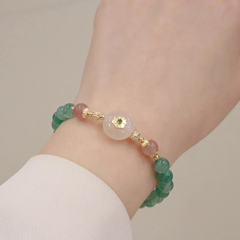 Braccialetto della gratitudine con fiore di calcedonio e quarzo fragola verde naturale Buddha Stones - Image 3