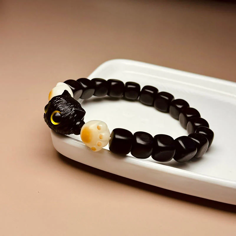 Braccialetto della pace con Buddha Stones, in legno di ebano e semi di Bodhi, con gatto carino - Image 3