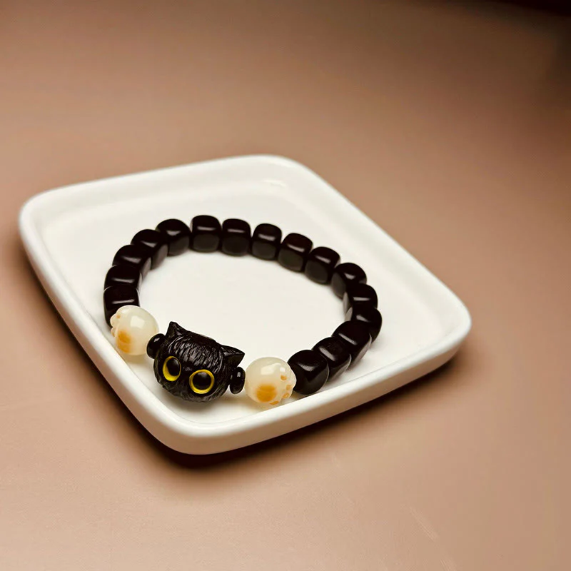 Braccialetto della pace con Buddha Stones, in legno di ebano e semi di Bodhi, con gatto carino - Image 7