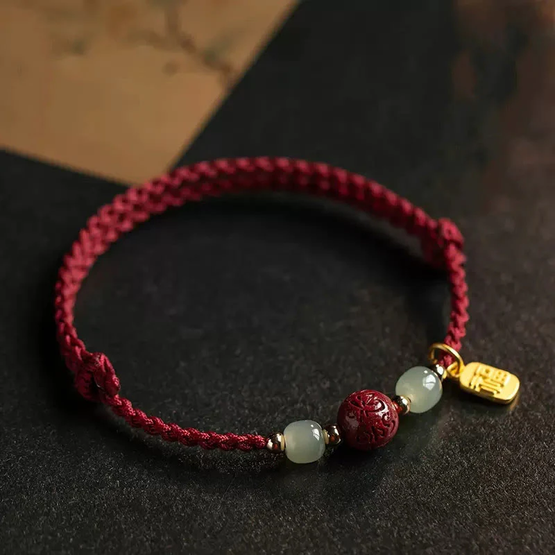 Braccialetto della prosperità con perline di giada Hetian, carattere Fu , Buddha Stones , Om Mani Padme Hum, cinabro e filo rosso