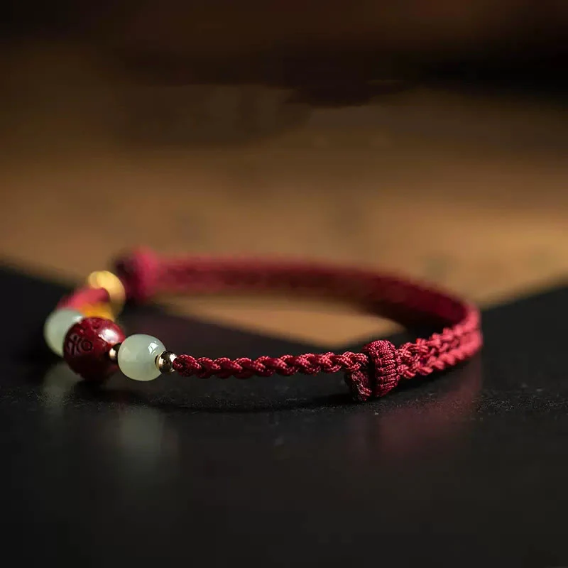 Braccialetto della prosperità con perline di giada Hetian, carattere Fu , Buddha Stones , Om Mani Padme Hum, cinabro e filo rosso - Image 2