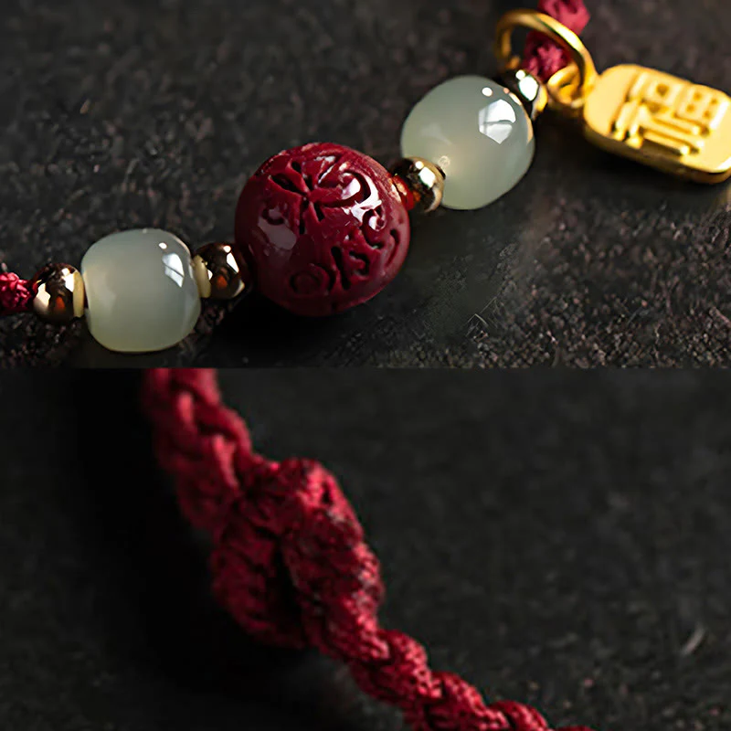 Braccialetto della prosperità con perline di giada Hetian, carattere Fu , Buddha Stones , Om Mani Padme Hum, cinabro e filo rosso - Image 3