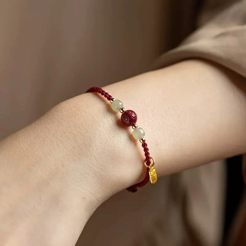 Braccialetto della prosperità con perline di giada Hetian, carattere Fu , Buddha Stones , Om Mani Padme Hum, cinabro e filo rosso - Image 4